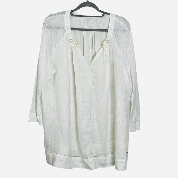 Escada Sport Tunic Top XL 100% Linen Lagenlook Pintucks Faux Pearl Accent White - Picture 1 of 12